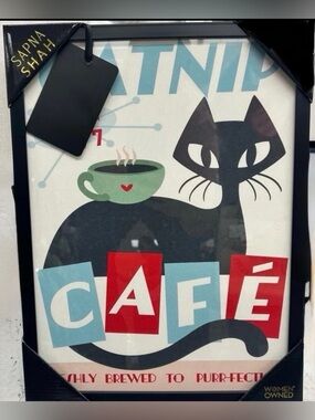 Sapna Shah Catnip Café Coffee Retro Wall Art Framed Mid-Century Black Atomic Cat
